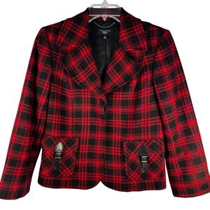 Talbots Petites Red Black Plaid Wool Blend Blazer Jacket Buckle Pockets 6P